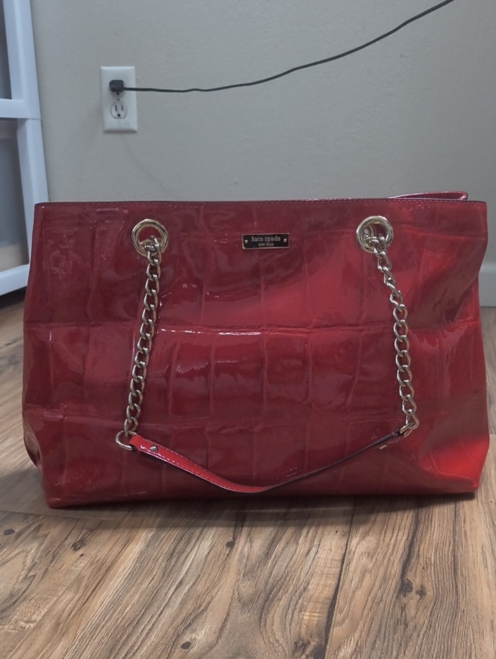 Kate Spade Red Patent Hand Bag With Dual Chain Handles